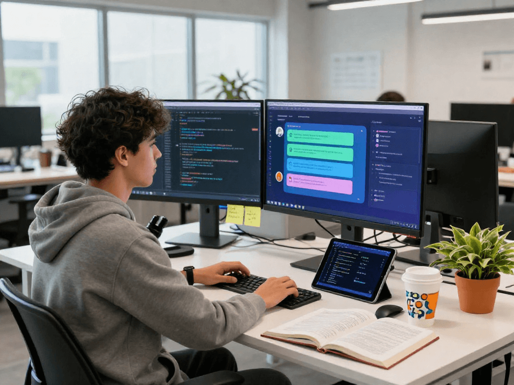 Dynamic tech workspace showing a developer using spicy AI chat applications on dual monitors.