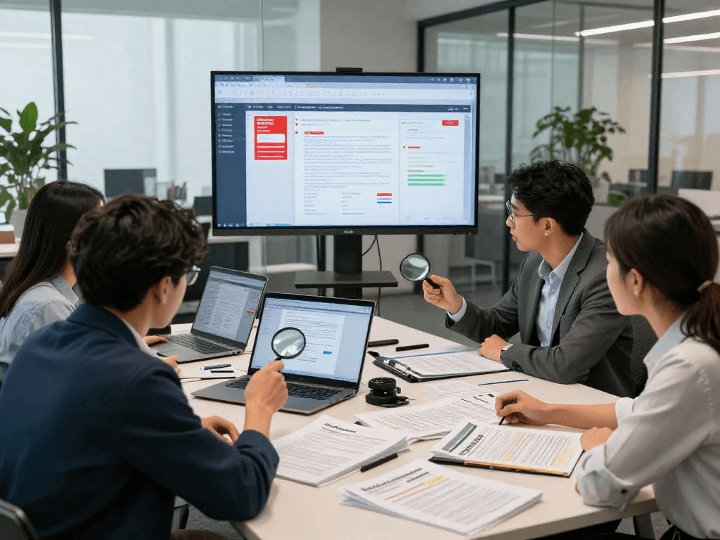 Team analyzing document fraud detection with digital tools in modern office setting.