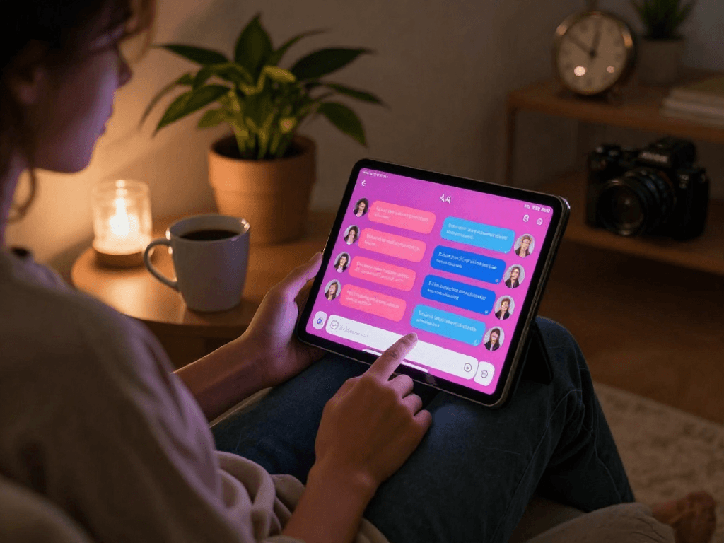 Engaging scene of a user enjoying a sex chat AI application in a cozy nook.