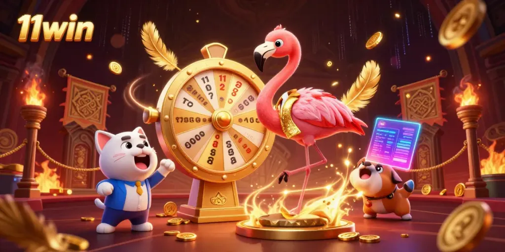Experience thrilling wins with 11win at this vibrant online casino game show scene featuring dynamic characters.