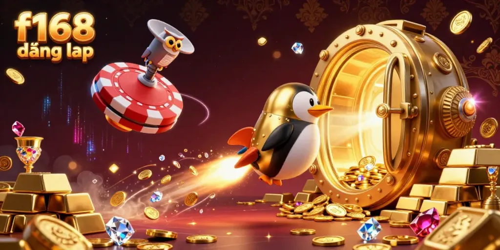 Experience f168 đăng nhập with a golden penguin and vibrant casino space elements.