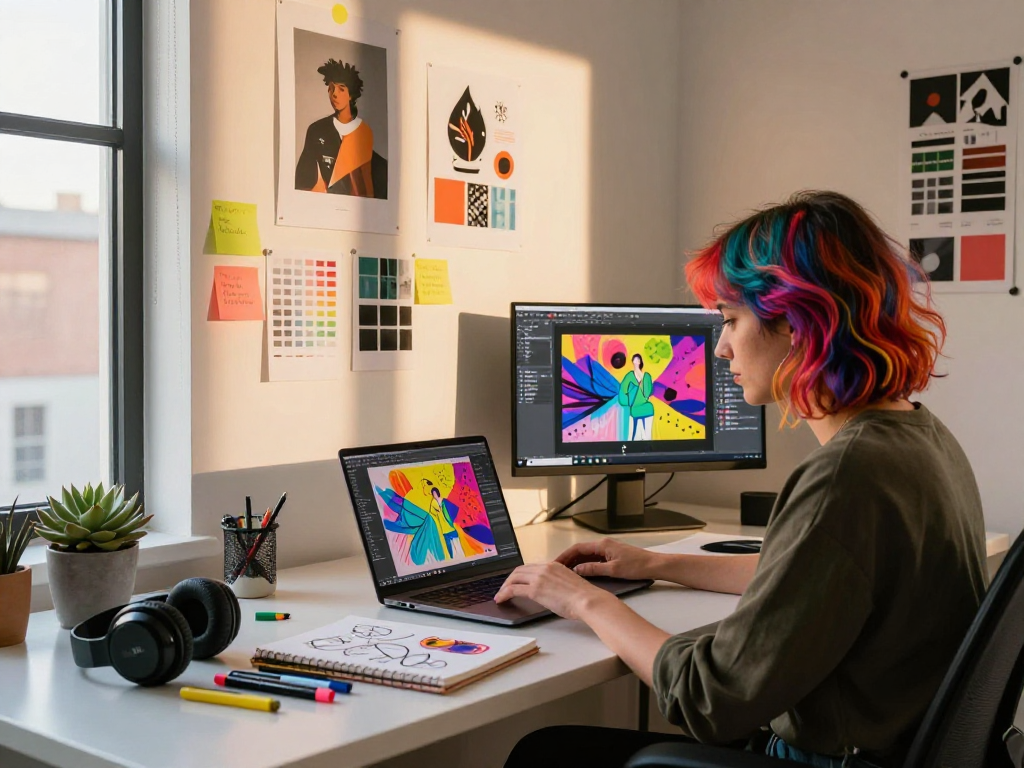 Creative workspace with a graphic designer working on slut ai designs, vibrant atmosphere and inspiring layout.