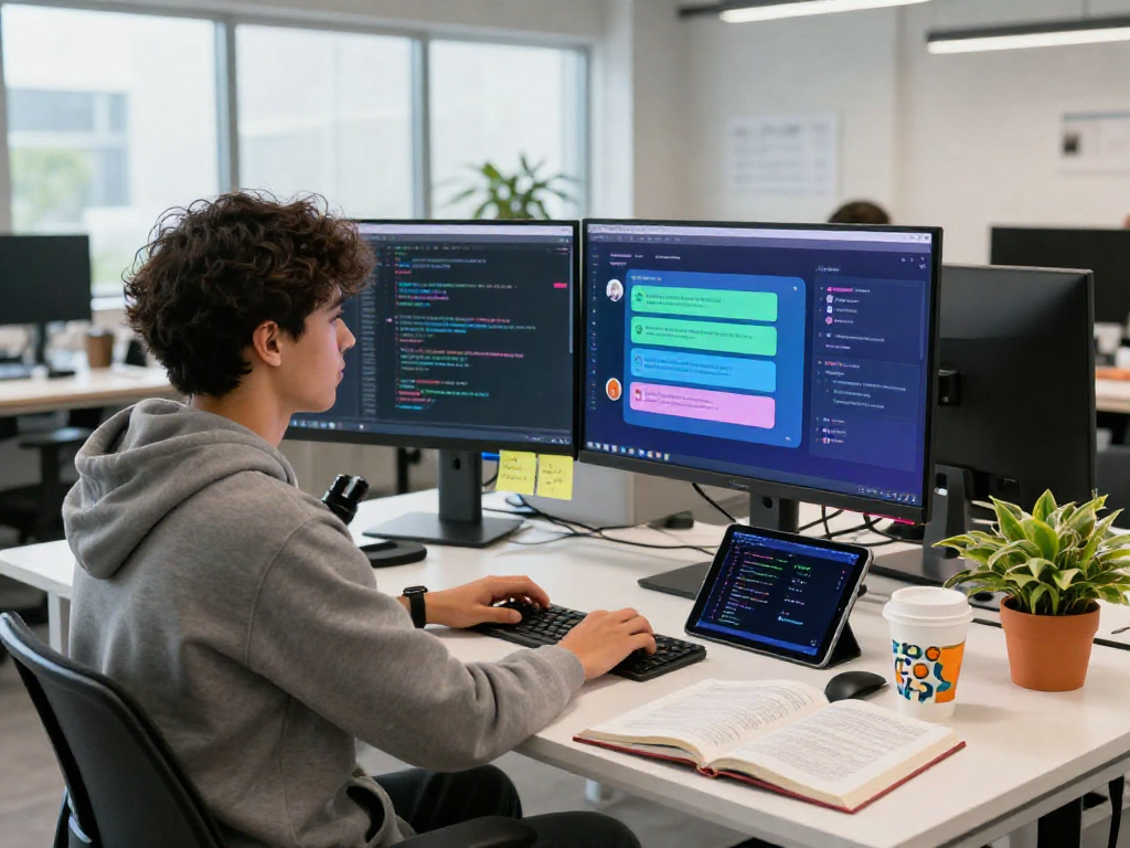 Dynamic tech workspace showing a developer using spicy AI chat applications on dual monitors.