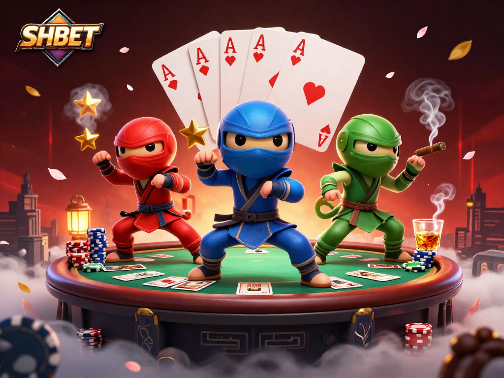 Engage with SHBET's thrilling ninja chameleons amidst a vibrant poker scene, showcasing winning strategies.