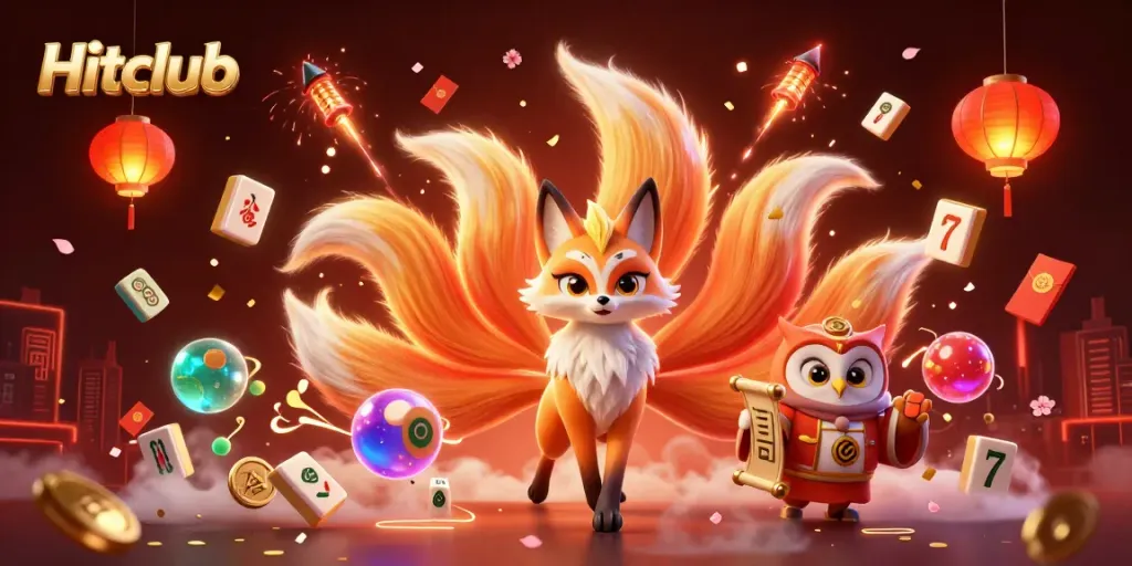 Engage with Hitclub's vibrant gaming ambiance featuring a glowing fox spirit, wise owl, and floating game elements.
