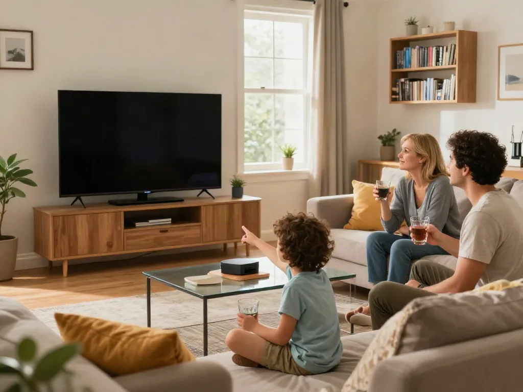 Family enjoying a test IPTV experience together in a modern living room, watching quality content on a large smart TV.