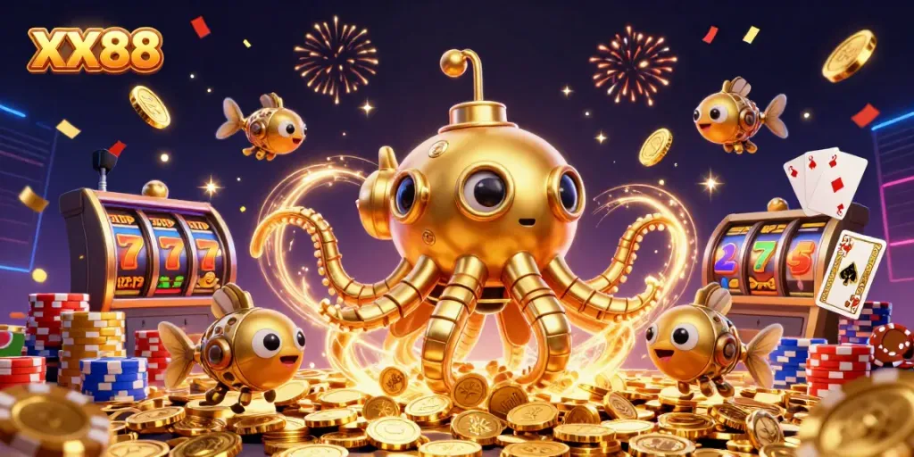 Spin to win with XX88 Casino, featuring a golden kraken submarine surrounded by glittering slots!