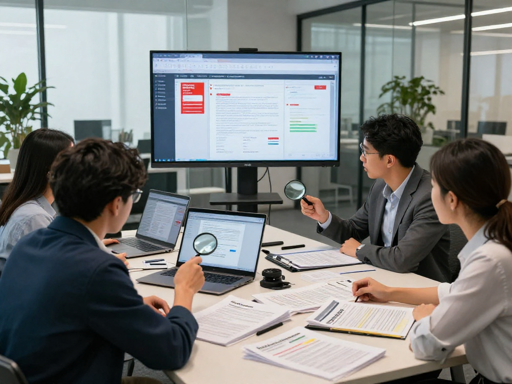 Team analyzing document fraud detection with digital tools in modern office setting.
