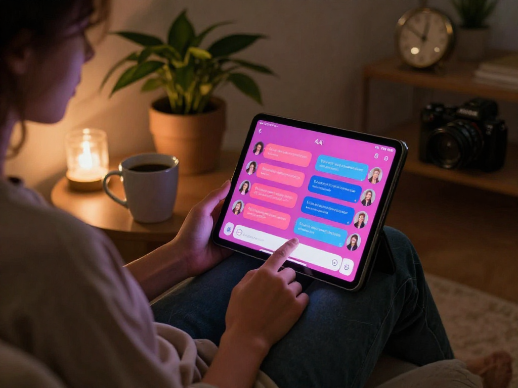 Engaging scene of a user enjoying a sex chat AI application in a cozy nook.