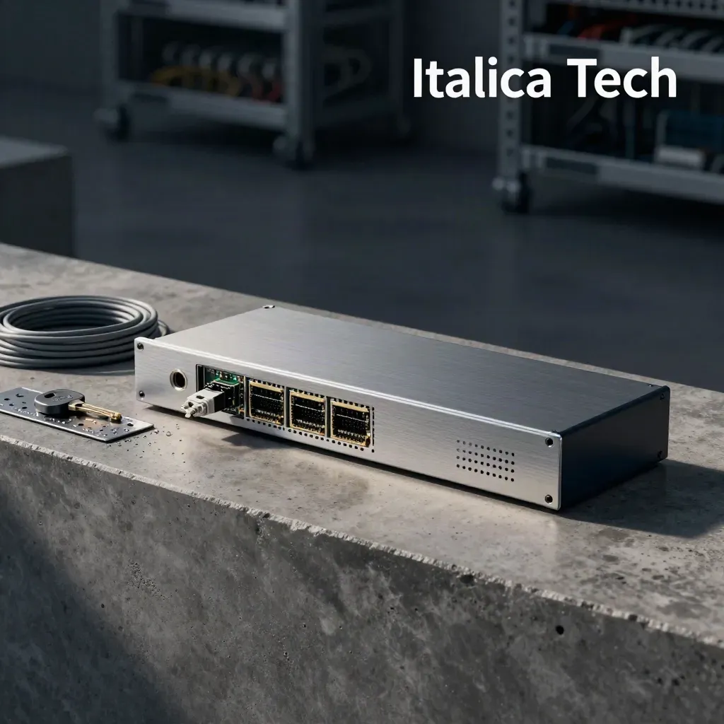 Firewall rackmount in alluminio con cavi, moduli SFP e condensa dopo un temporale.