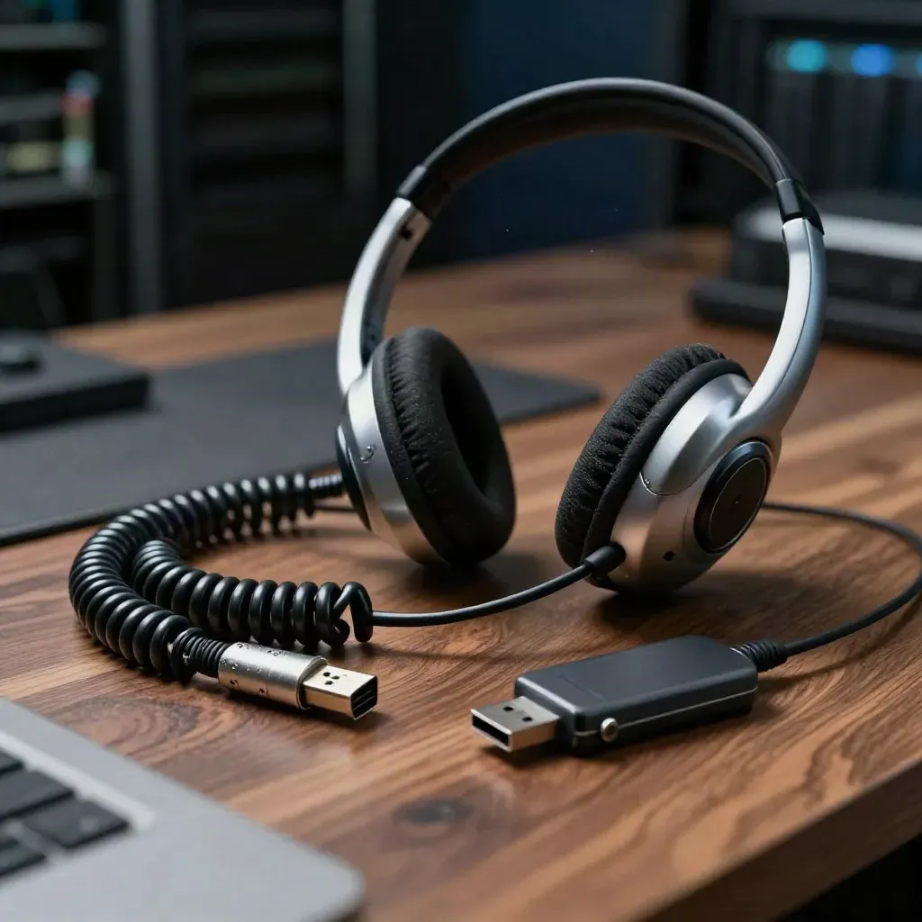 Kit assistenza tecnica con cuffia, cavo spiralato, adattatore metallico e chiave USB su legno caldo.