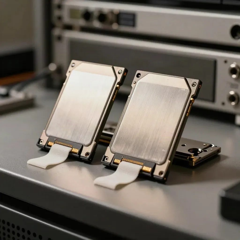 SSD, clip, fascette in velcro e piastra di allineamento su banco scuro, luce drammatica