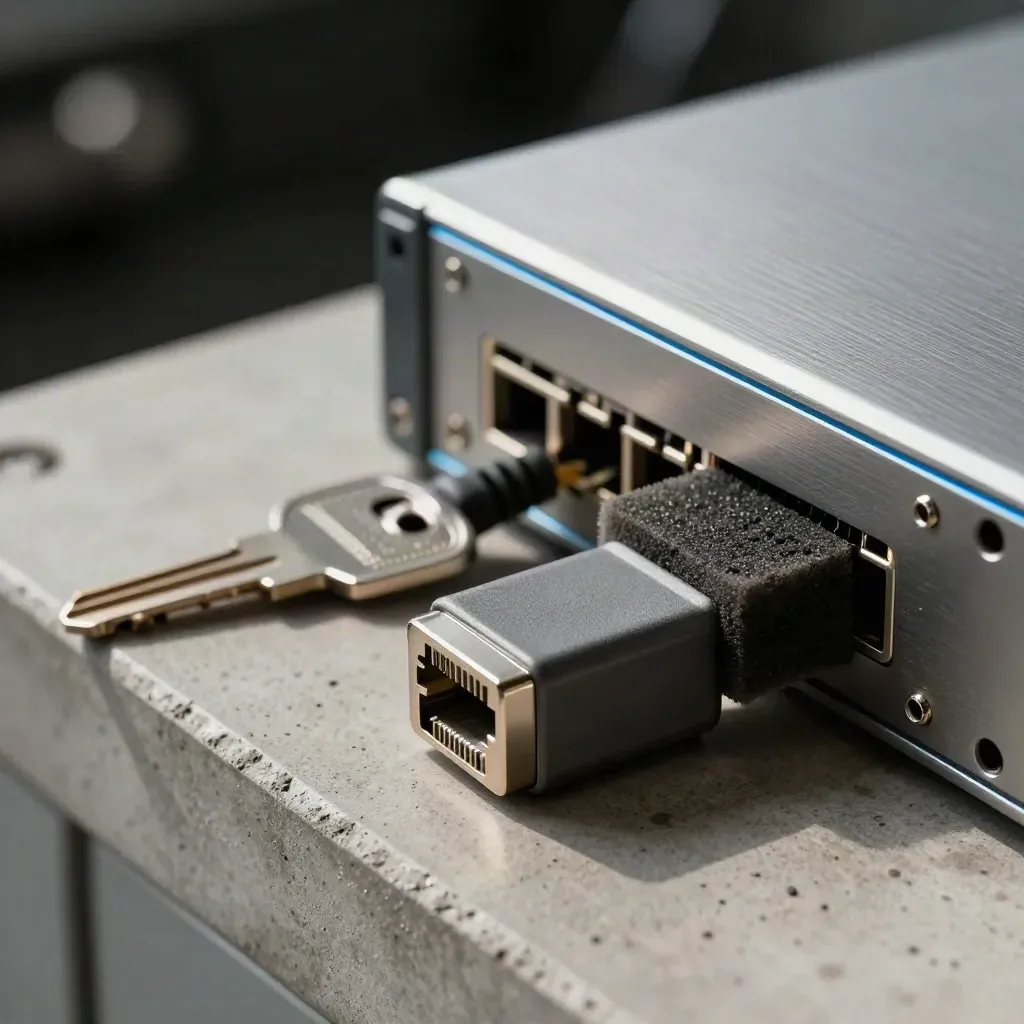Chiave di recovery, adattatore ethernet, spugna antistatica e coperchio server su sfondo scuro