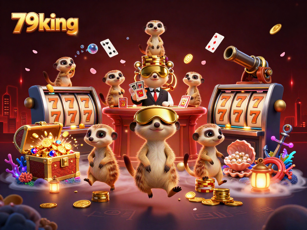 79king meerkats run a vibrant casino with slot reels and treasure, captivating 3D illustration.