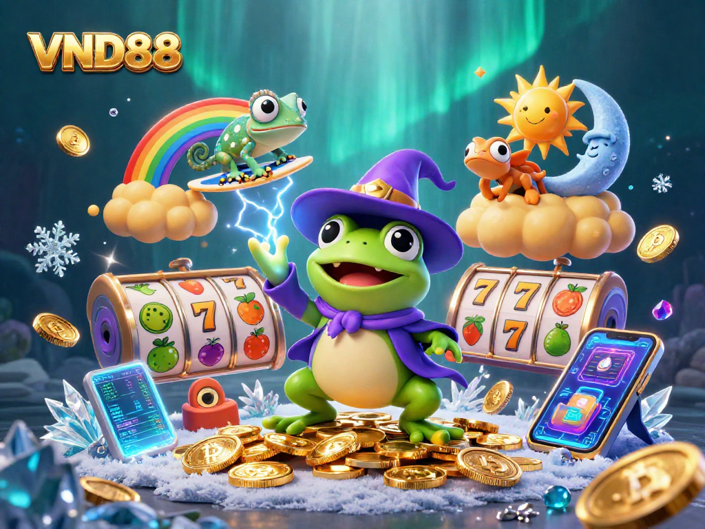 Experience thrilling casino excitement at VND88, featuring a vibrant 3D scene of lucky characters and crypto elements.